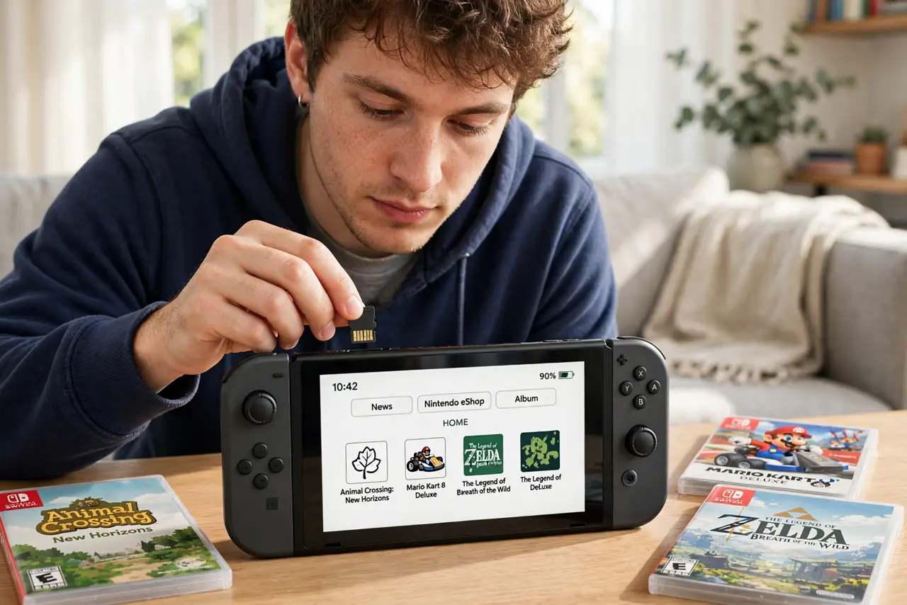 a person inserting a real microSD card into a real Nintendo Switch console, game cases on the table beside it, the person's face focused, bright living room.