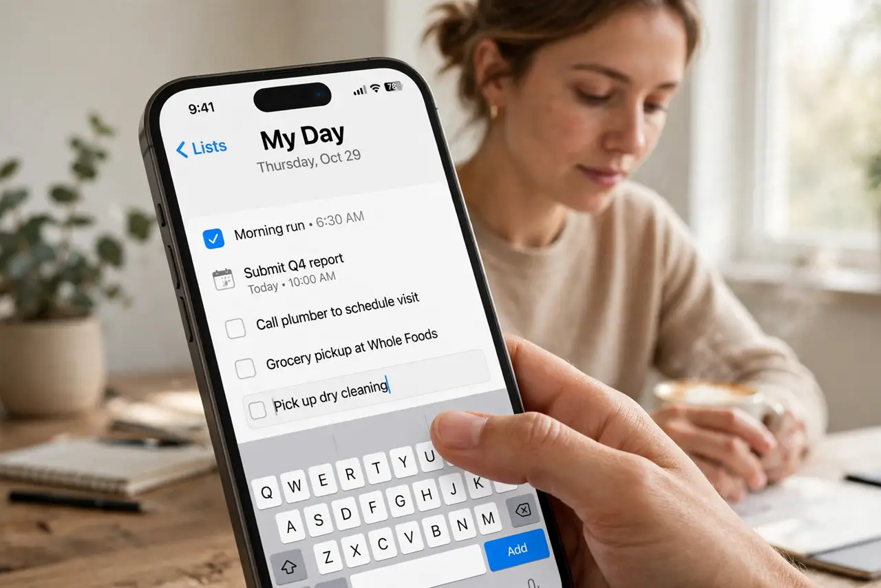 Photoreal photo of a person performing the first step: Start with My Day. My Day is To Do's killer view — each morning, add today's tasks to it from your lists. The ritual of planning the day in My Day is ...