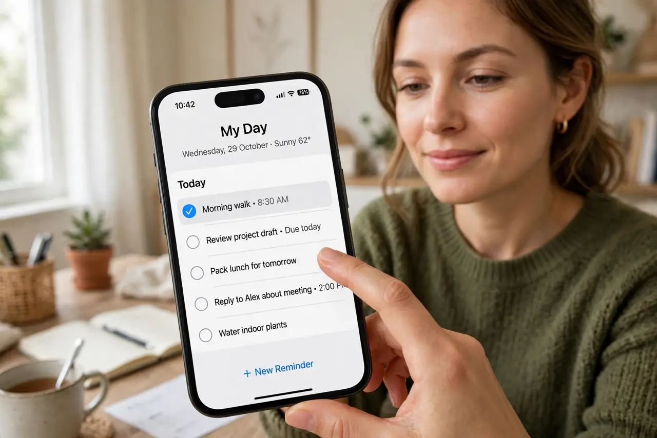 Photoreal photo: a person checking off tasks on a real phone showing a clean task app with a 'My Day' view and legible tasks, the person's face calm, home office. No black screen, no blank white screen, no fake or garble