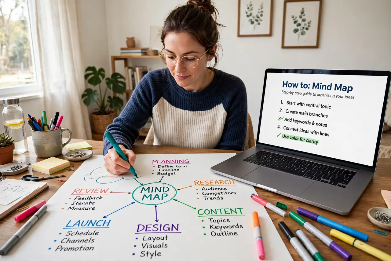 a person drawing a colorful mind map on real paper with branches and keywords legibly visible, markers scattered on the desk, the person's face engaged, brig...