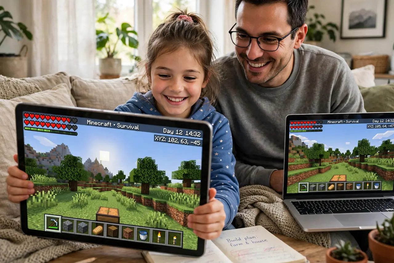 a parent and child playing Minecraft together on a real tablet and laptop, the game screen showing legible blocky terrain, both faces happy, living room couch.