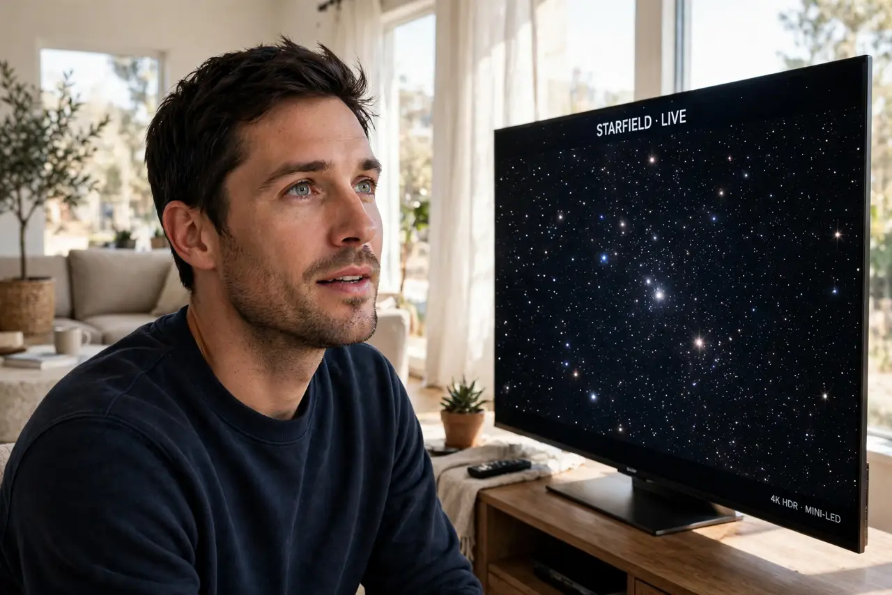 a person watching a real Mini-LED TV showing a legible starfield scene with bright stars on deep black, the person's face impressed, dim living room.