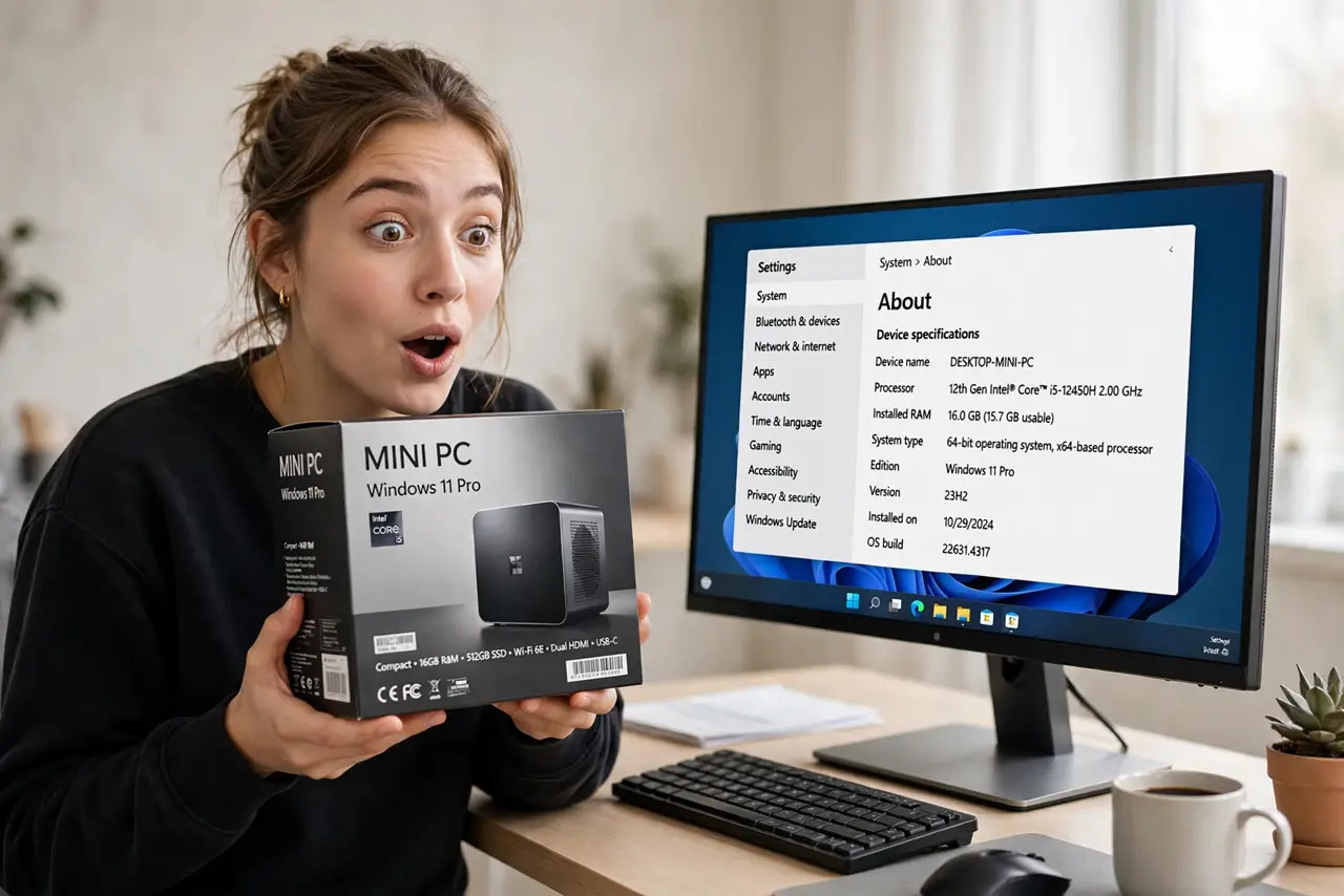 a person holding a real mini PC box next to a monitor for scale, the desk clean and minimal, the person's face impressed. No black screen, no blank white screen, no fake or garbled.