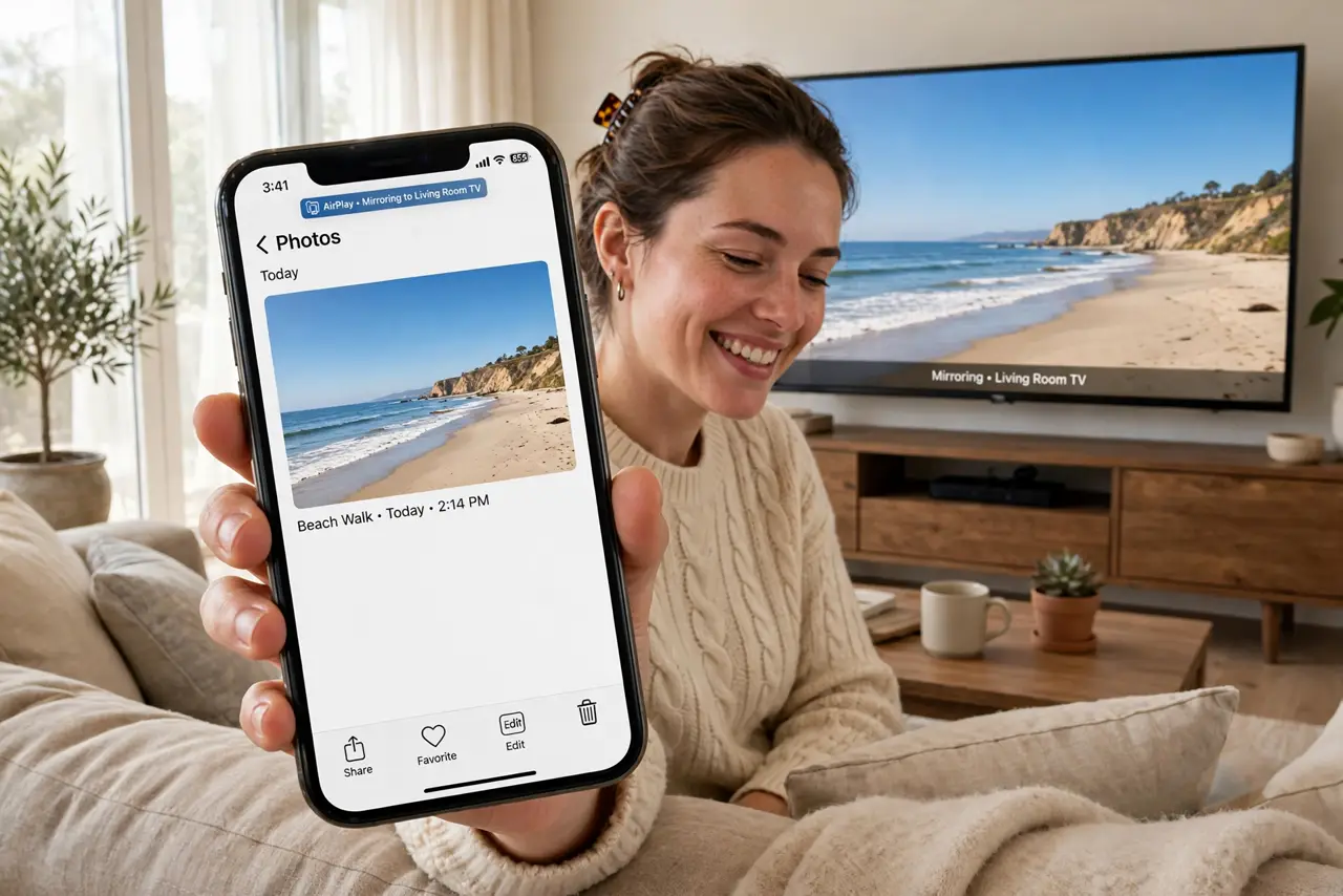 a person casting a real phone screen to a real TV showing the mirrored display legibly, the person holding the phone on a couch, the person's face pleased, living room. No black sc.