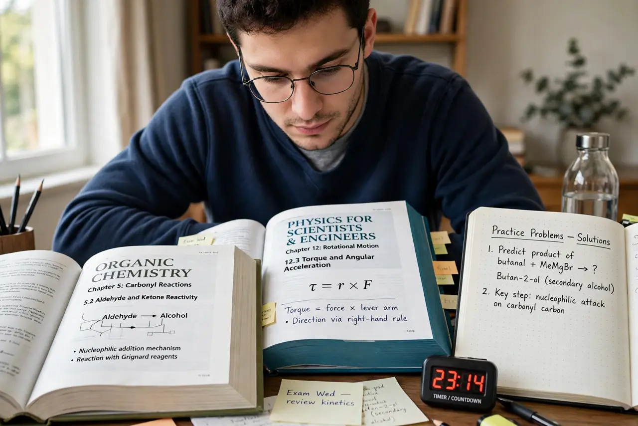 a person studying at a desk with several different textbooks and notebooks open showing legible headings, a timer nearby, the person's face concentrated. No black screen, no blank .
