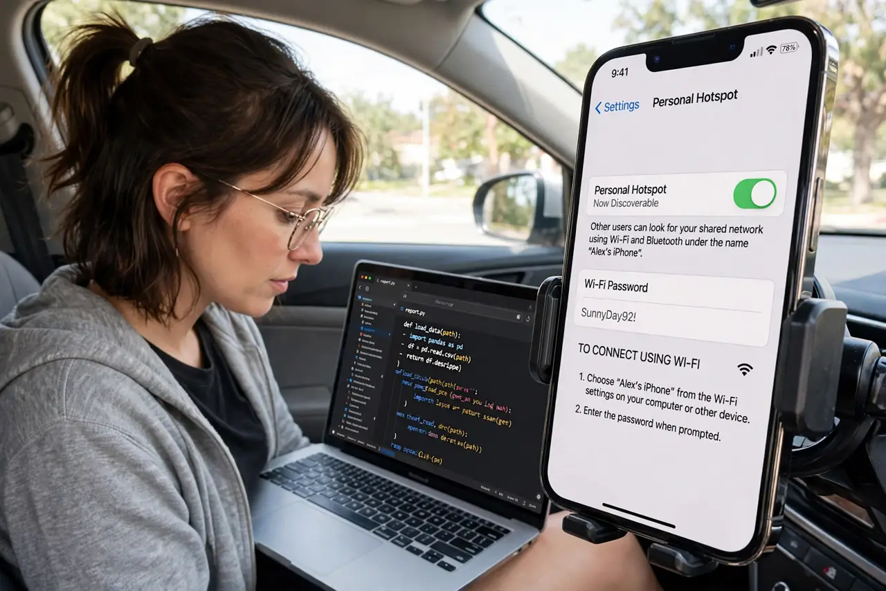 a person working on a real laptop tethered to a real phone hotspot in a car, the phone showing hotspot active, the person's face focused, daylight. No black screen, no blank white .