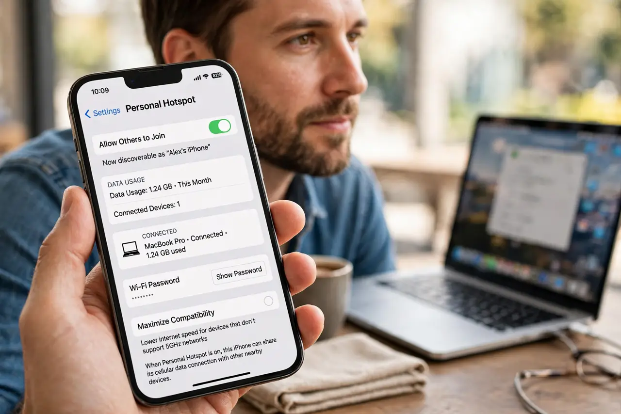 Hotspot Ate Your Data Plan — a calm adult holding a real iPhone showing the hotspot settings screen with data usage fully legible, a laptop