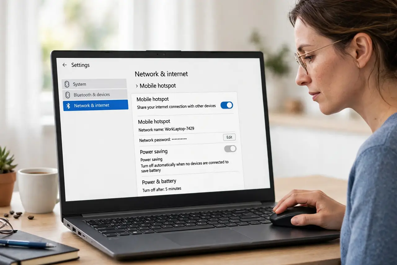 A focused woman turning off hotspot power saving in Windows Mobile hotspot settings.