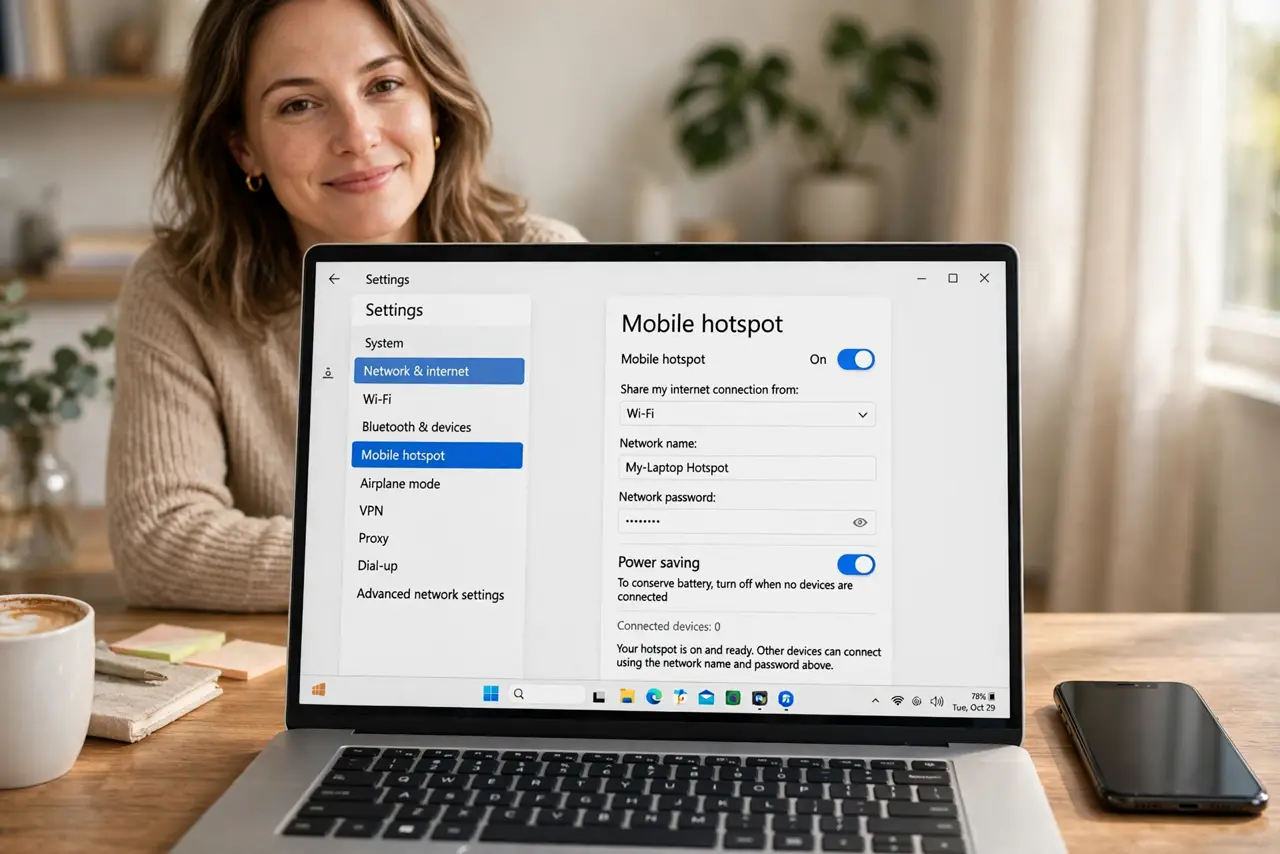 A relaxed woman with a Windows laptop and a phone beside it, the Mobile hotspot settings page open.