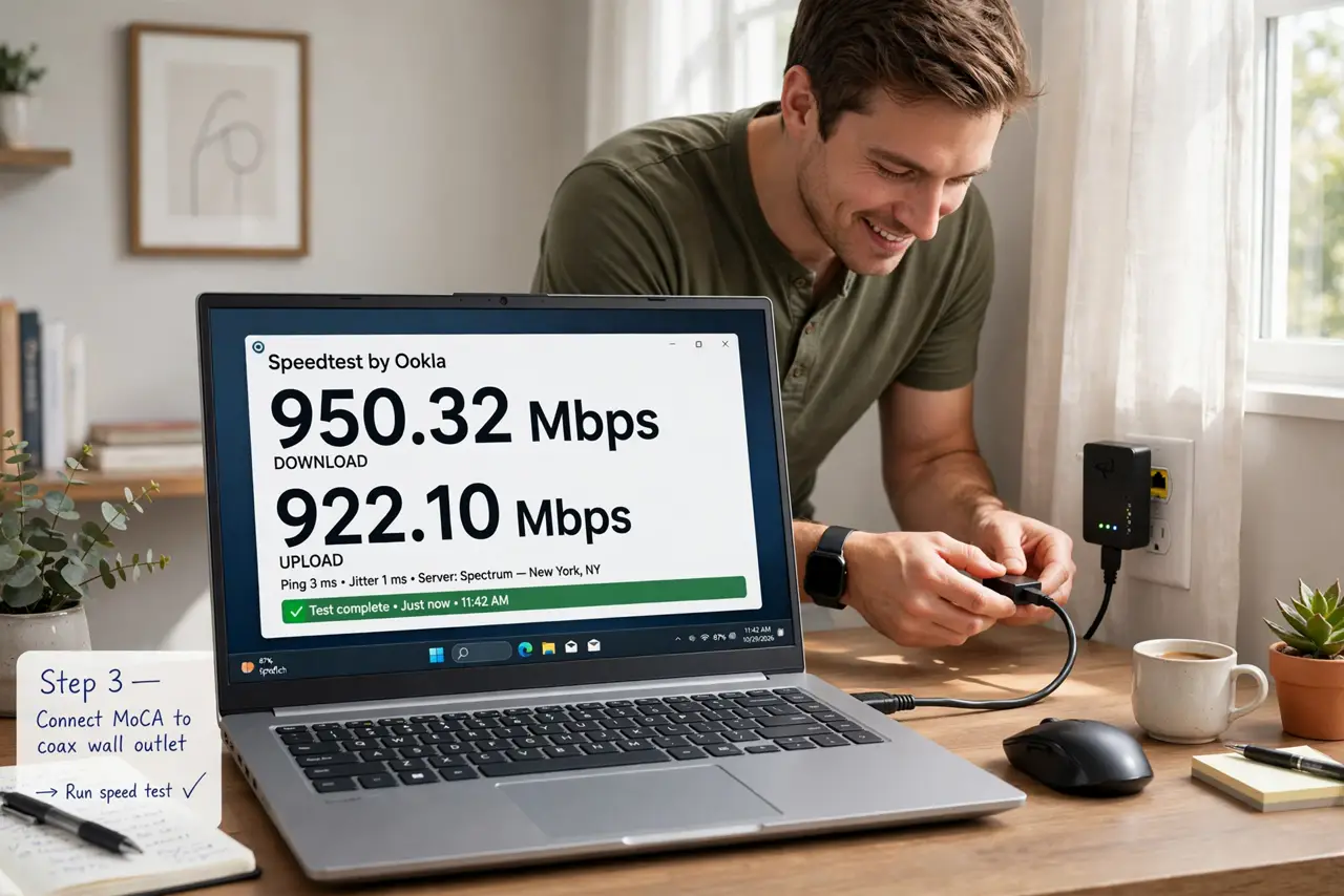 a person connecting a real MoCA adapter to a coax wall outlet in a home office, an ethernet cable running to a computer showing a fast speed test, the person...