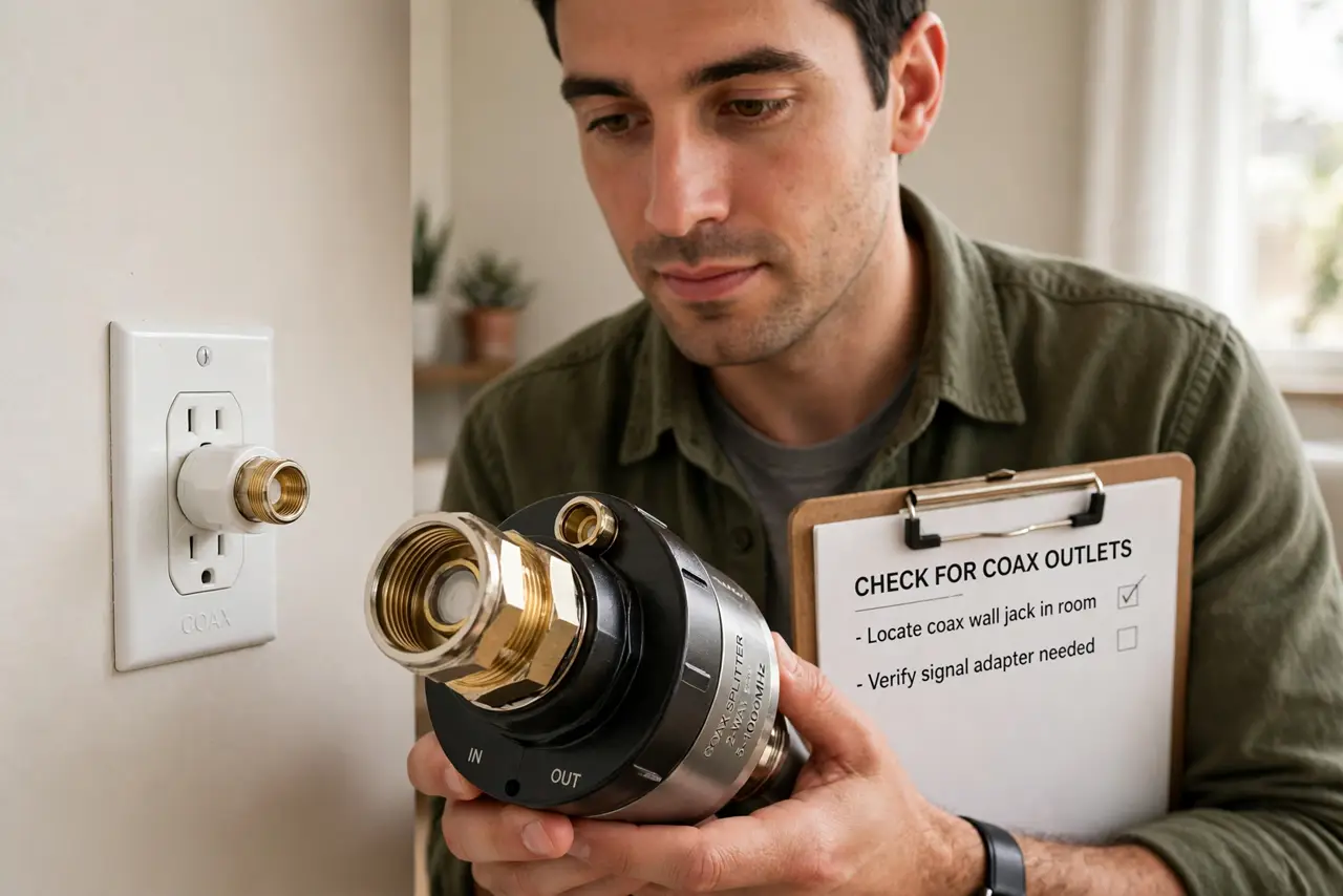 A person calmly performing the guide's first step: Check for coax outlets.