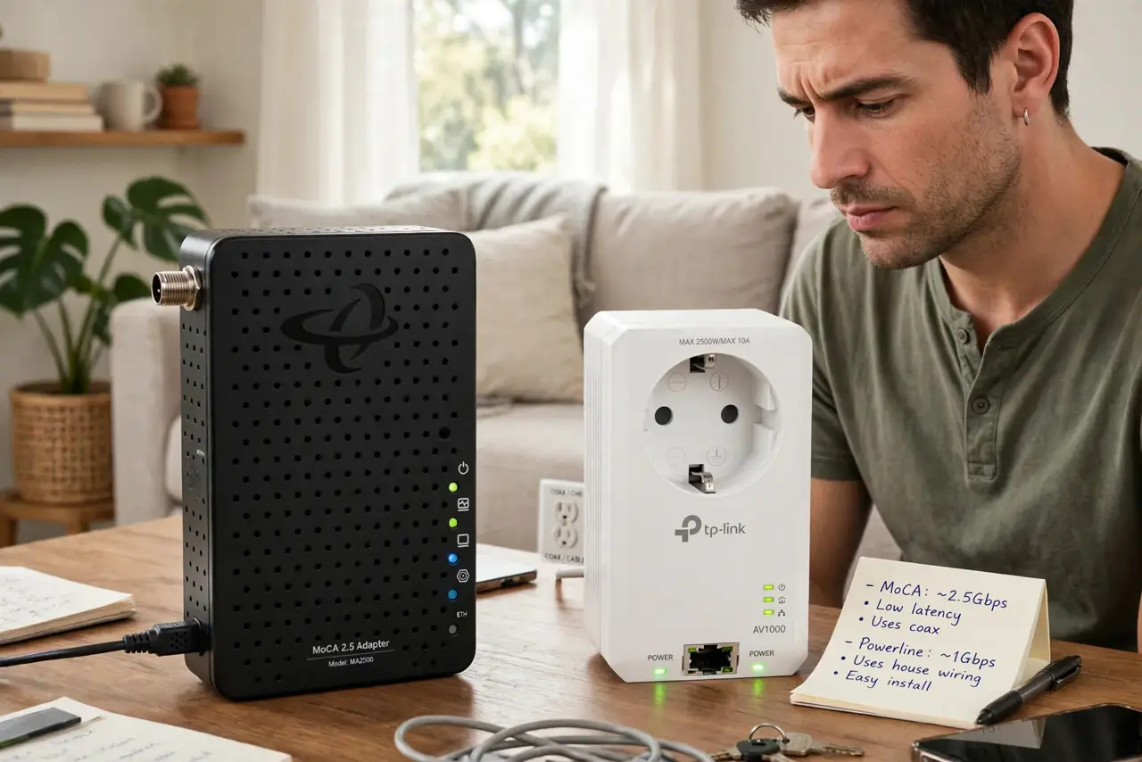 a person comparing a real MoCA adapter and a real powerline adapter on a table, coax wall outlet visible behind, the person's face weighing the choice, living room. No black screen.