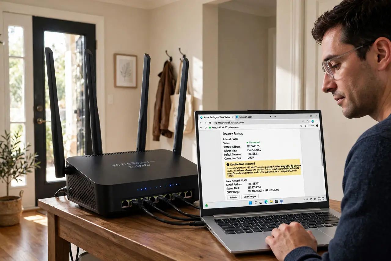 Photoreal photo of a person performing the first step: Confirm you actually have double NAT. Check your router's WAN IP: if it is a private address (1