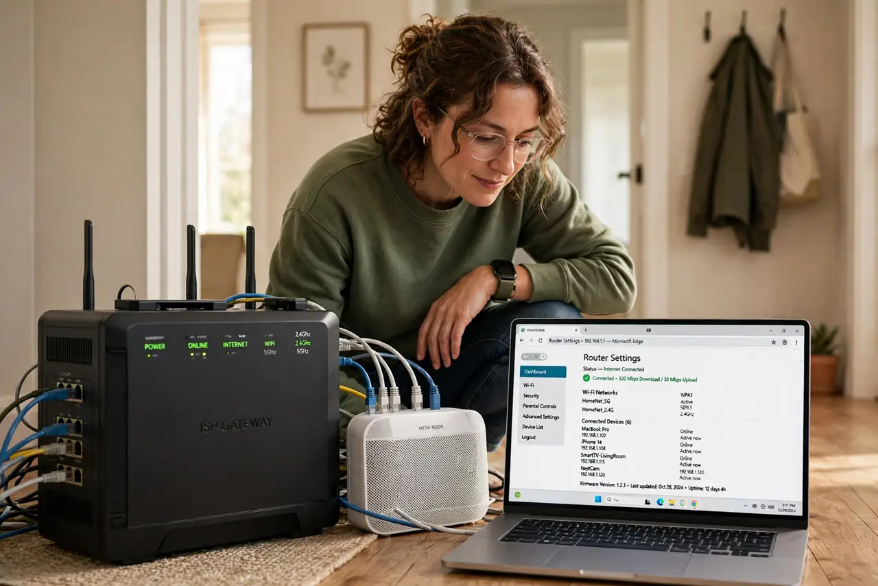 Photoreal photo: a person crouching beside a real ISP modem/router combo and a real mesh router with cables, a laptop nearby showing a router settings page with legible text, the person's face concentrated, home hallway. No black scre