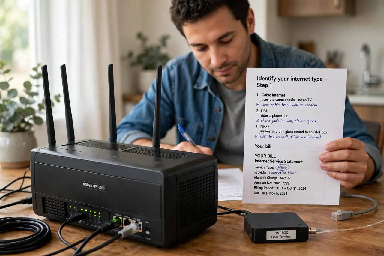 A person performing step 1: Identify your internet type first. Cable internet uses the same coaxial line as TV; DSL rides a phone line; fi.