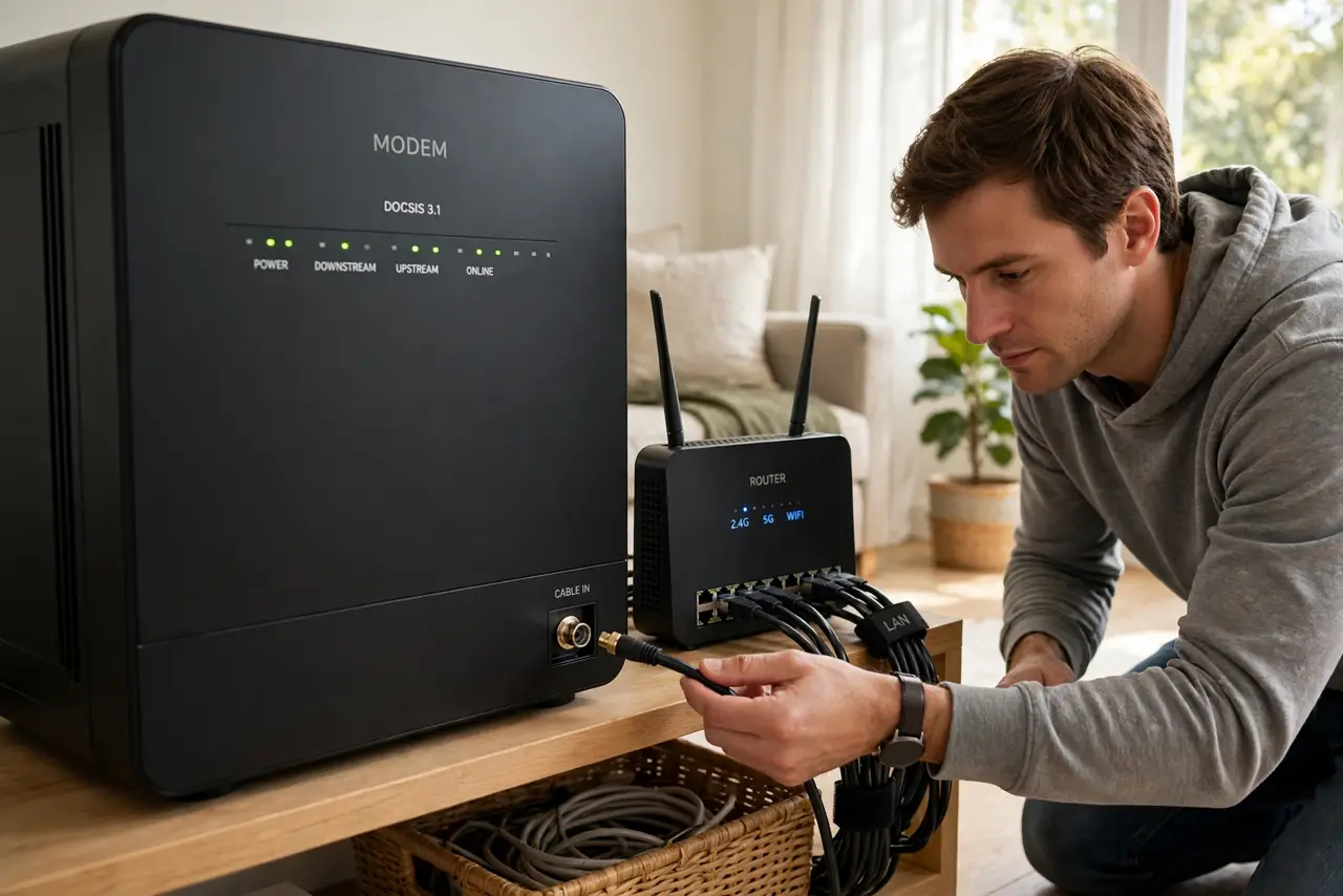 A person kneeling by a real modem and router on a shelf, holding a coaxial cable near the modem's port, cables neatly arranged, the person's face focused, living.