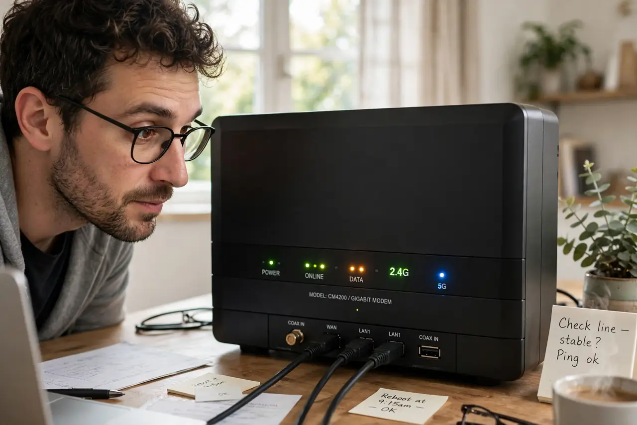 a person looking closely at a real modem with blinking indicator lights, the lights clearly visible, the person's face curious, home office. No black screen, no blank white screen,.