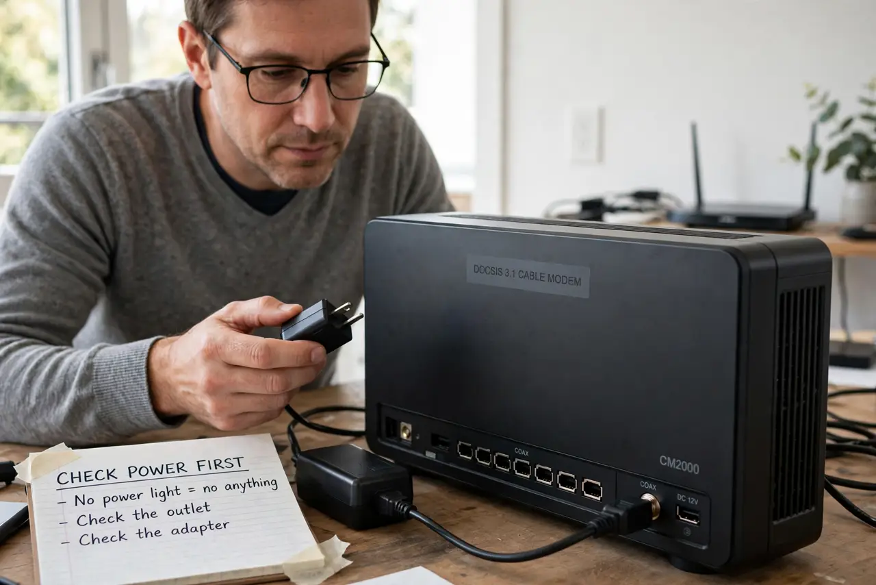 Step 1 in action for What Your Modem Lights Mean: Check Power first. No power light means no anything — check the outlet and the adapter.