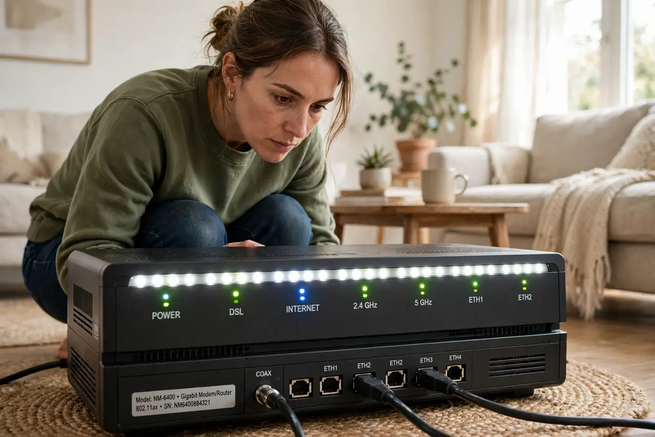 What Your Modem Lights Mean — a person crouching to look closely at a real modem with several LED lights glowing, the labels beside the ligh