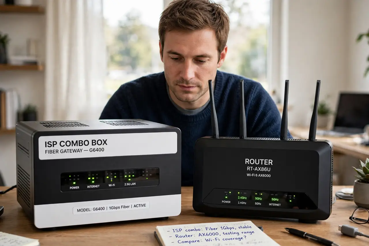 Modem-Router Combo vs Separate — a calm adult at a desk comparing a real ISP combo box and a separate real router side by side, both with their