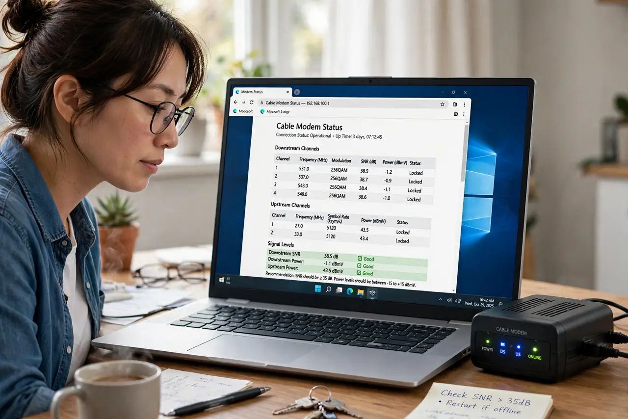 a person looking at a real laptop showing a modem status page with legible signal level numbers and tables, a real cable modem with blinking lights beside th...
