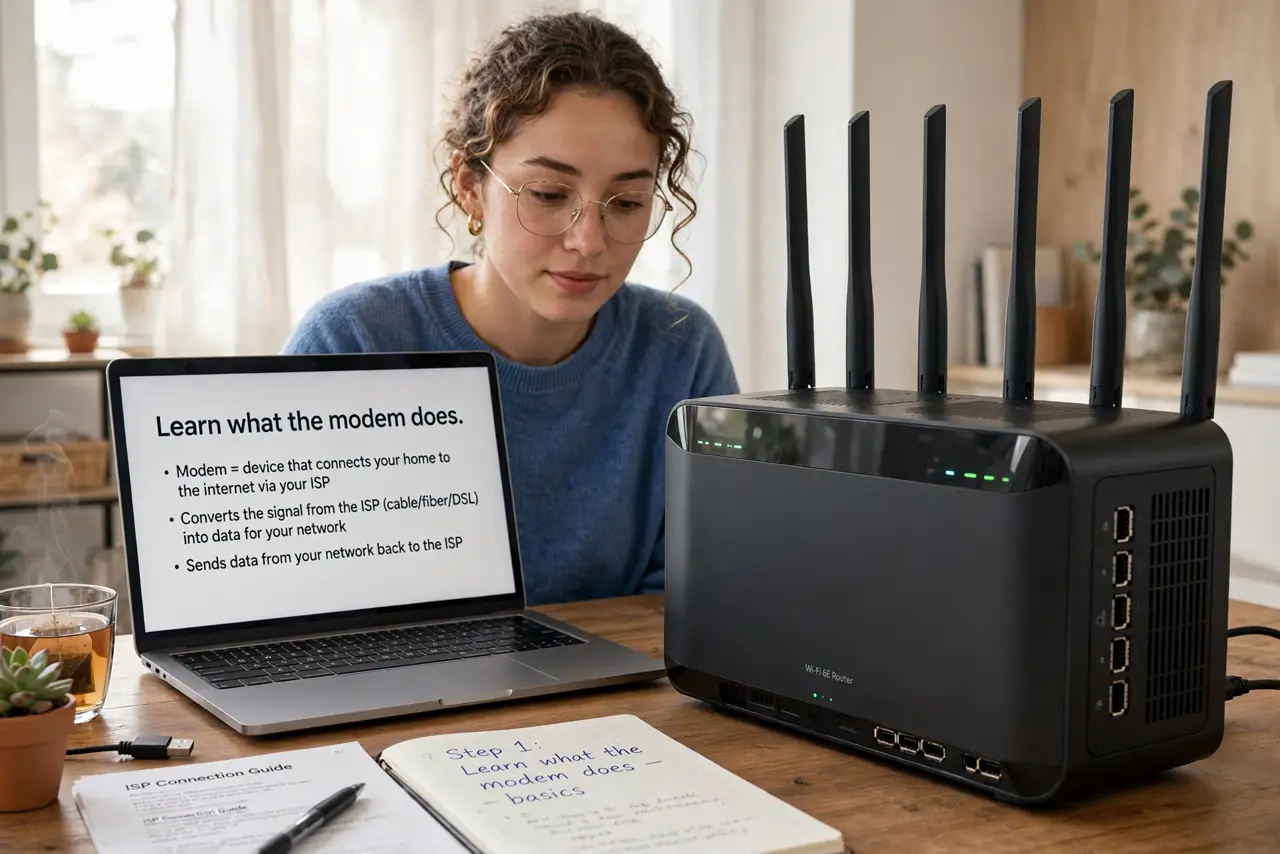 A person calmly performing the guide's first step: Learn what the modem does.