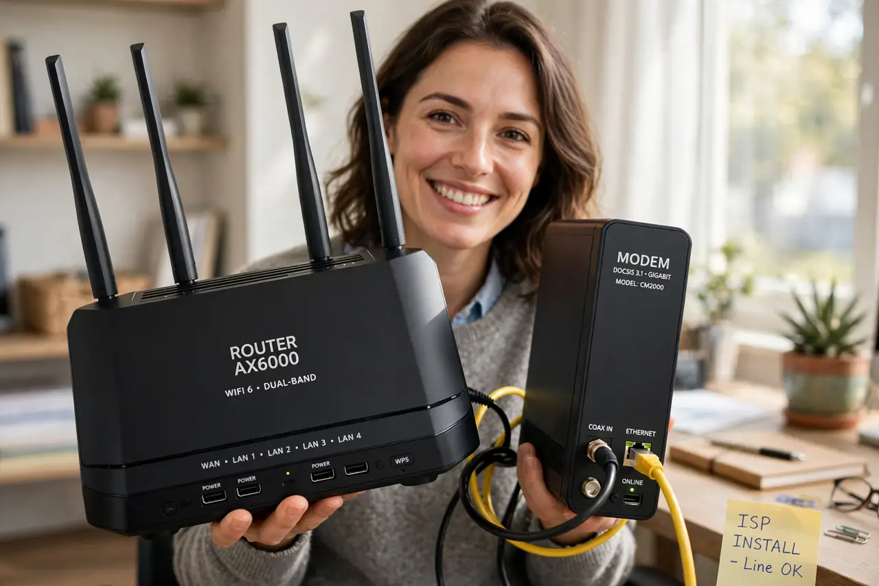 a person holding a real modem and a real router side by side with cables, labels visible, the person's face enlightened, home office. No black screen, no blank white screen, no fak.