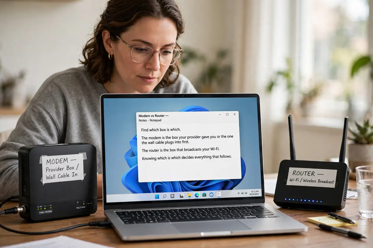 A person performing step 1 of the guide: Find which box is which. The modem is the box your provider gave you or the one the wall cable plugs into first. The router is the box that broadcasts your Wi-Fi. Knowing which is ...
