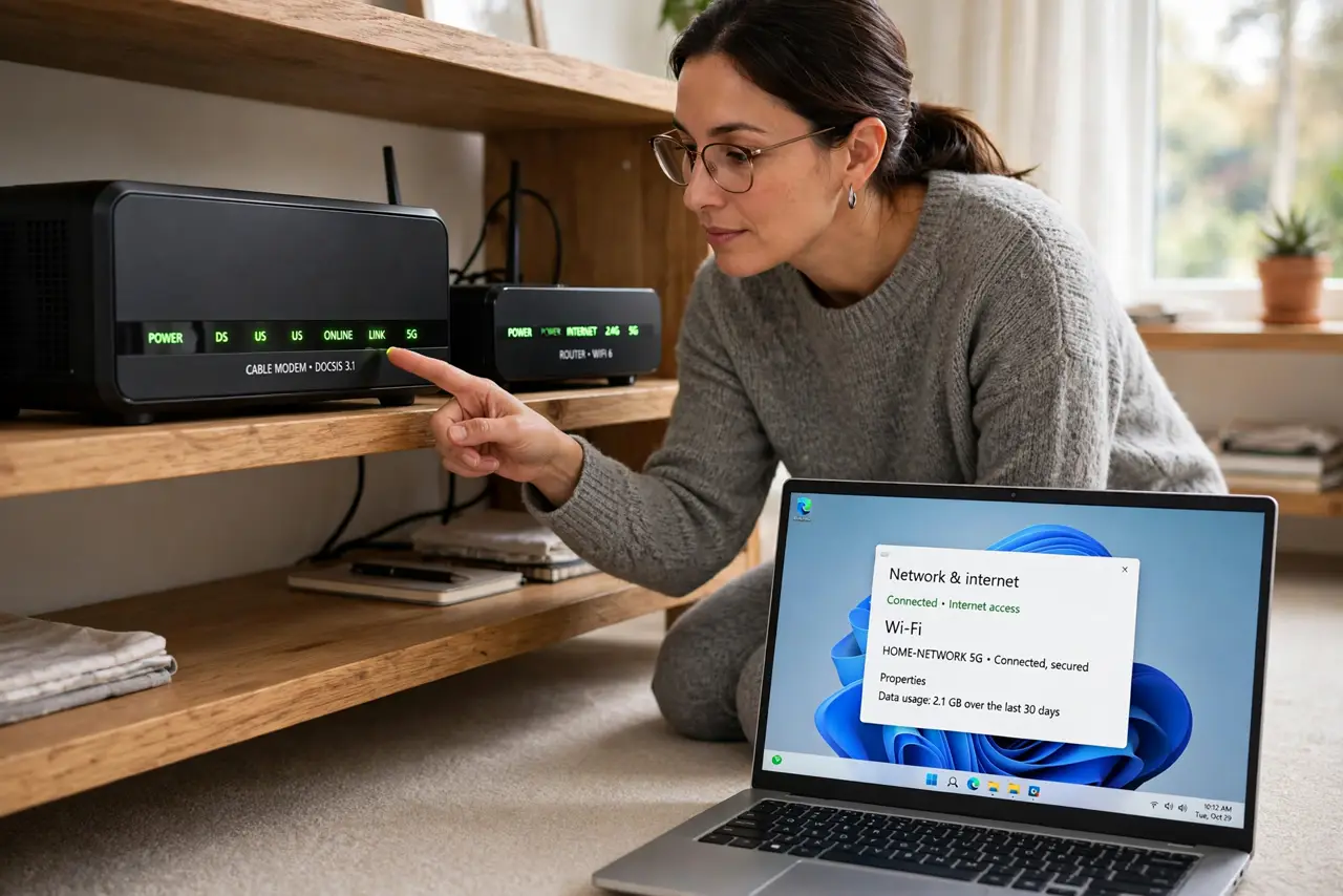 a calm adult kneeling beside a real modem and a real router on a shelf, the status lights clearly visible and legible on both devices, the person pointing at the modem lights. No black screen, no blank white screen, n...