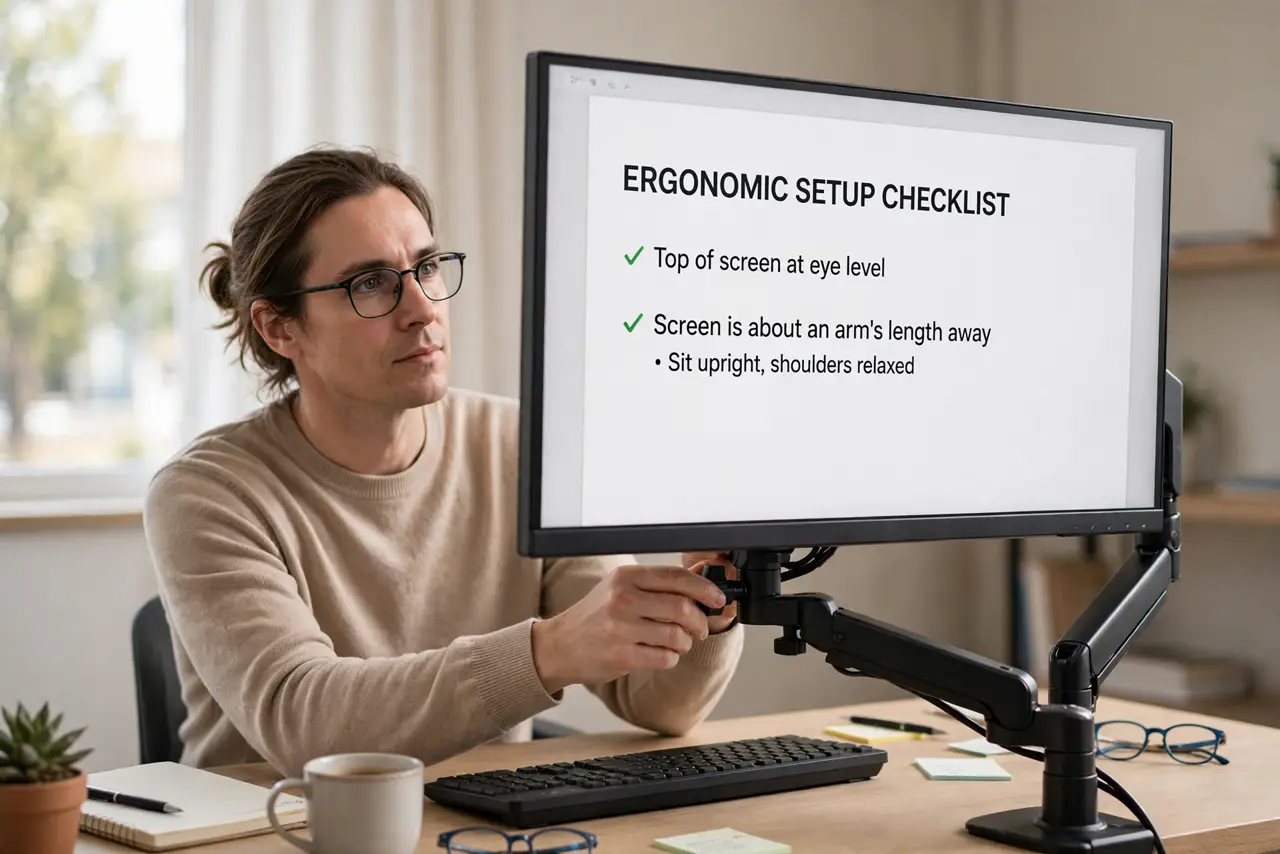 A person performing step 1 of the guide: Set the top of the screen at eye level. Raise or lower the arm until the top edge of the monitor sits at or just below your eye level...
