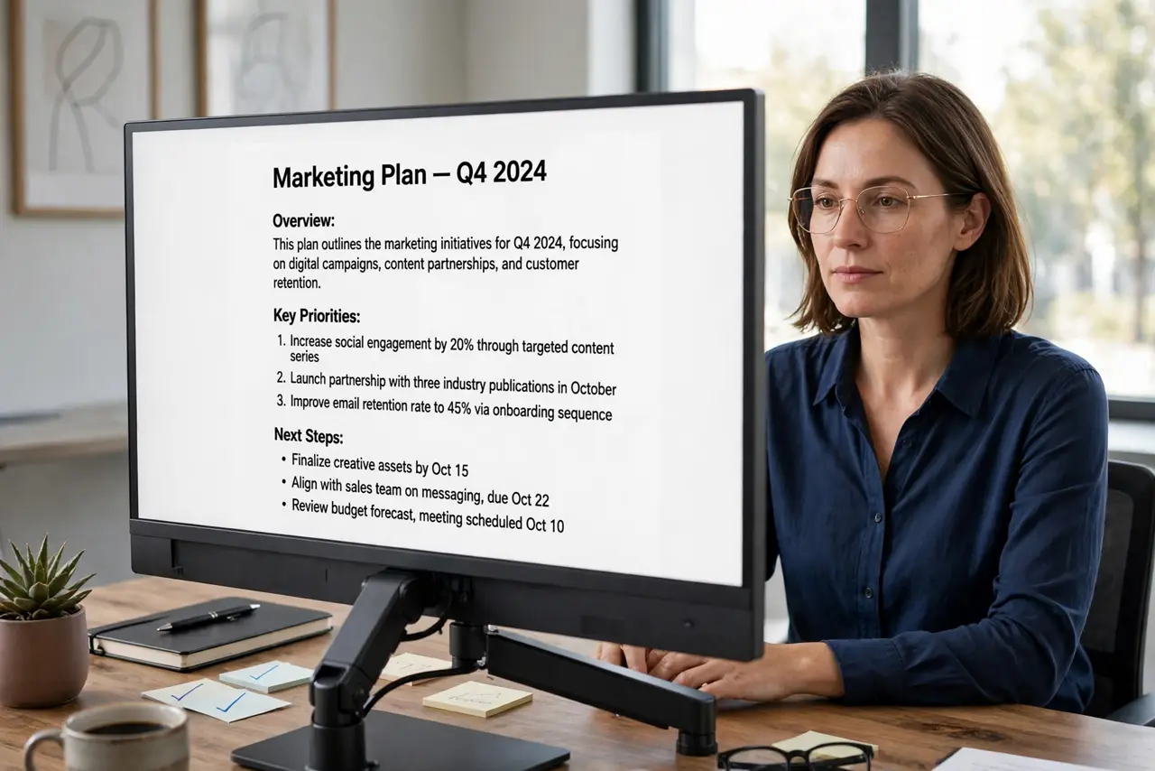 a calm adult sitting upright at a desk with a real monitor on an adjustable arm, the screen showing a normal document with fully legible text, the screen top at the person's eye level