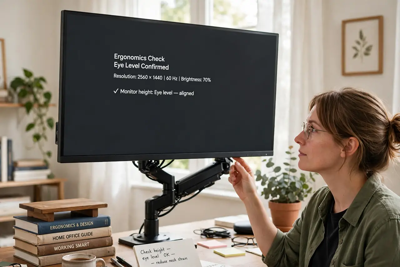 A person performing the first step: Check your current ergonomics. Top of the screen should sit at or slightly below.