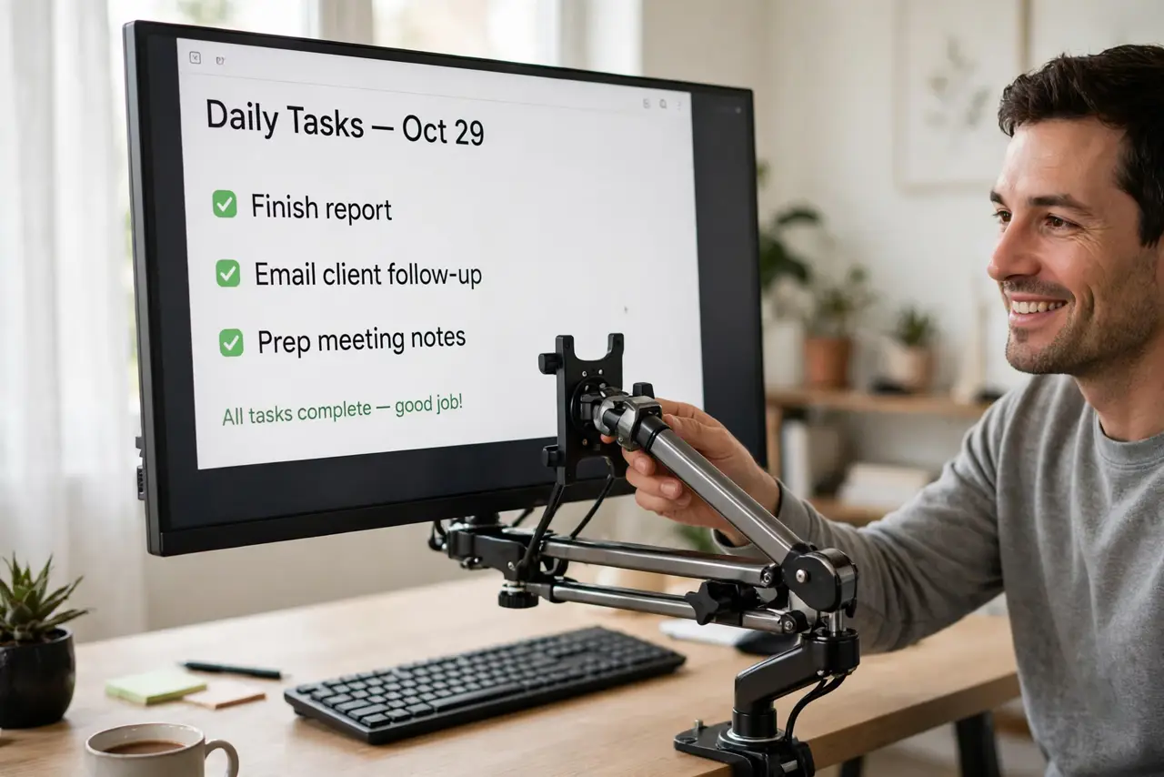 A person adjusting a real monitor on a desk-mounted arm, the screen floating above a clear desk surface, the person's
