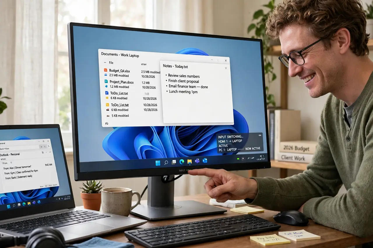 a person pressing a button on a real monitor bezel, the screen switching between two real computers showing different legible desktops, one keyboard and mouse on the desk, the person's face pleased, home office.
