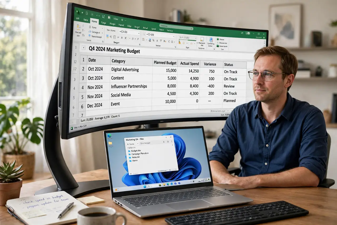 a person sitting centered in front of a real curved ultrawide monitor showing a spreadsheet with legible cells, the curve visible from a slight side angle, the person's face engaged, bright home office.
