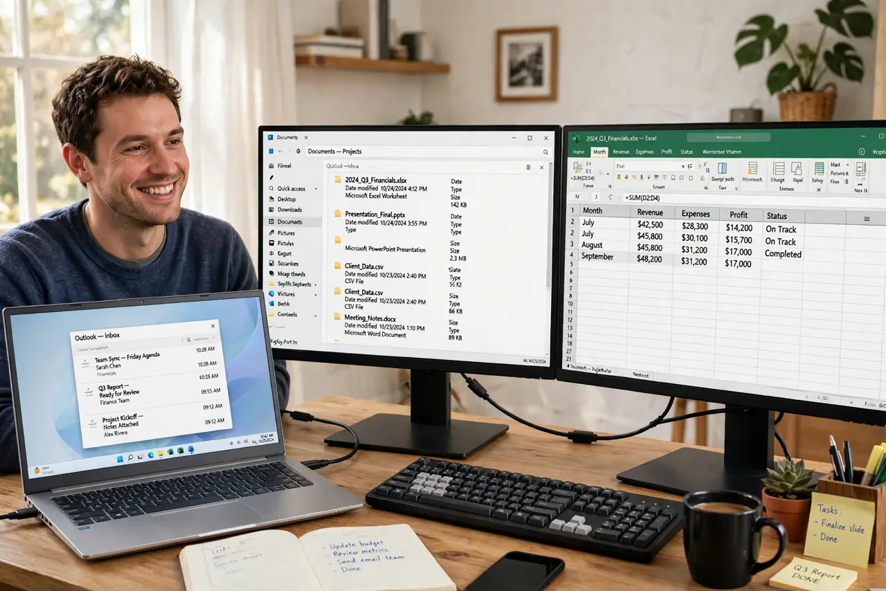a person at a desk with two real monitors connected in series by a single cable chain, both showing an extended desktop with legible windows, the person's face pleased, home office.