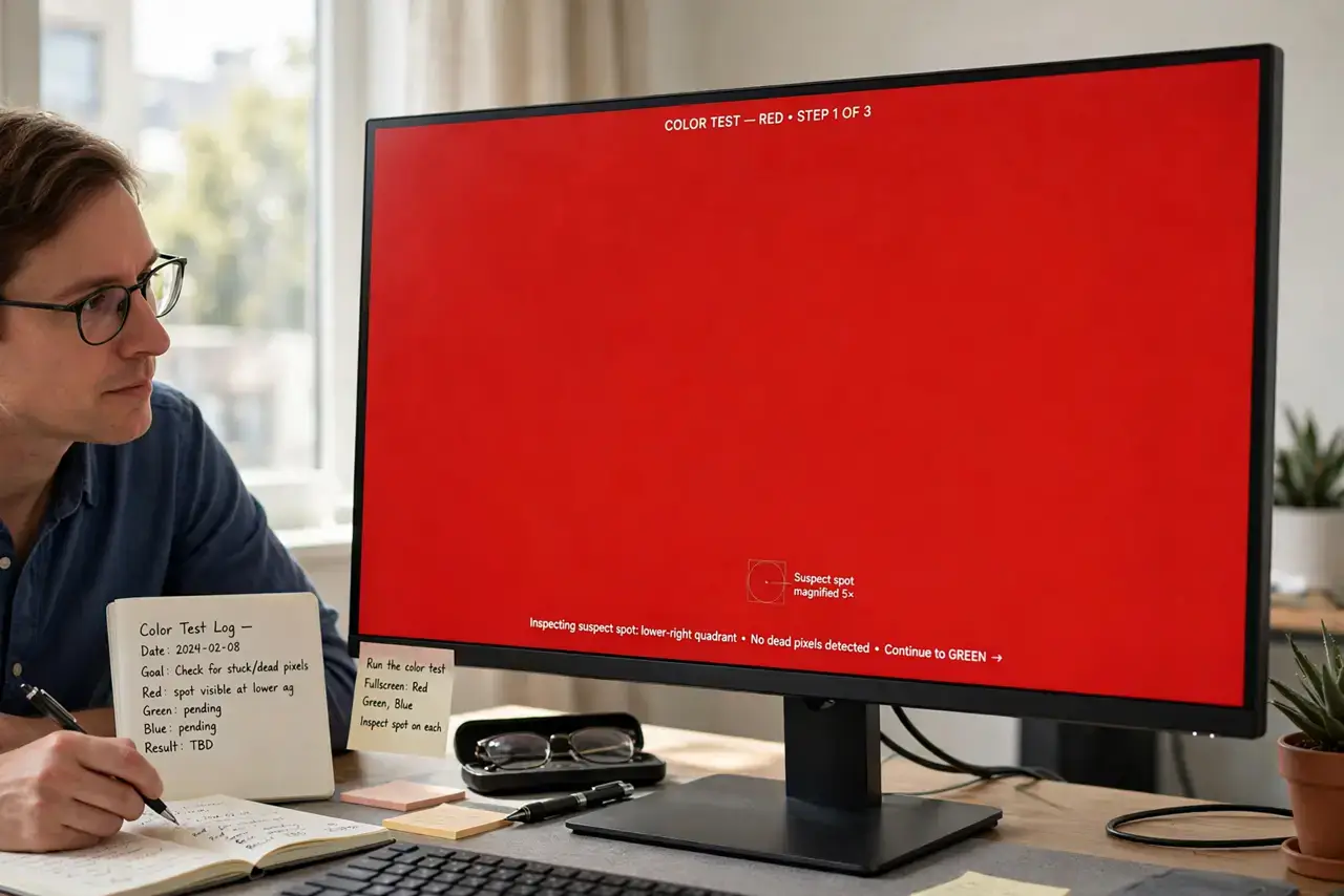 Step 1 in action for Dead vs Stuck Pixel: Run the color test. Open fullscreen solid-color images — black, white, red, green, blue —