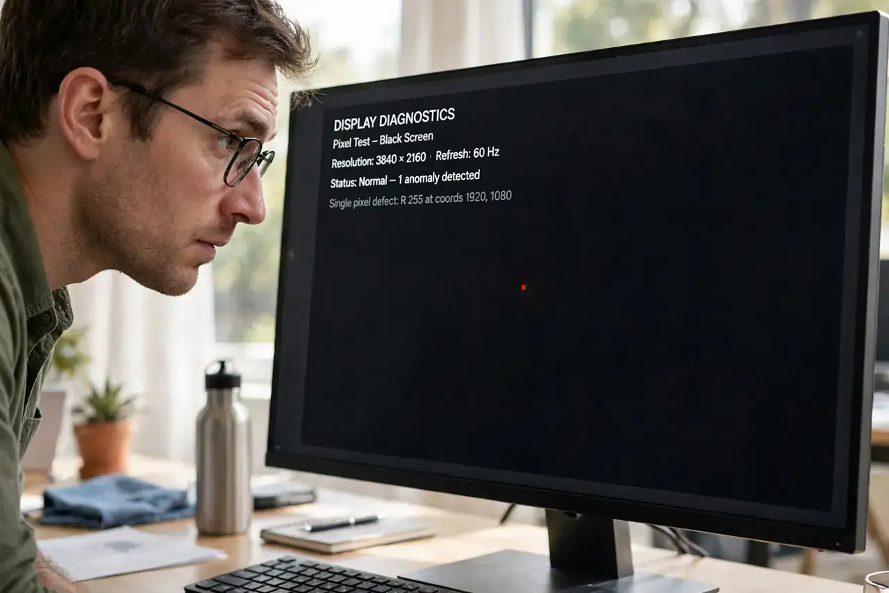 Dead vs Stuck Pixel — a focused adult at a desk leaning close to a real monitor showing a single colored pixel defect on a dark back