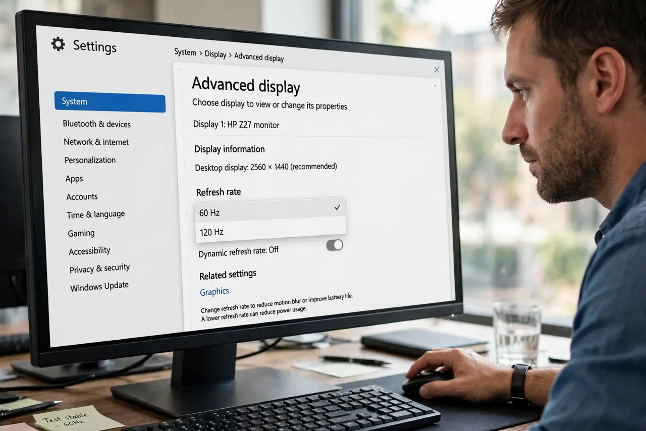A focused man choosing a lower refresh rate in Windows Advanced display settings.