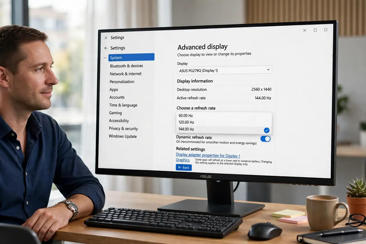 A calm man at a desk with a Windows monitor showing the Advanced display settings page.