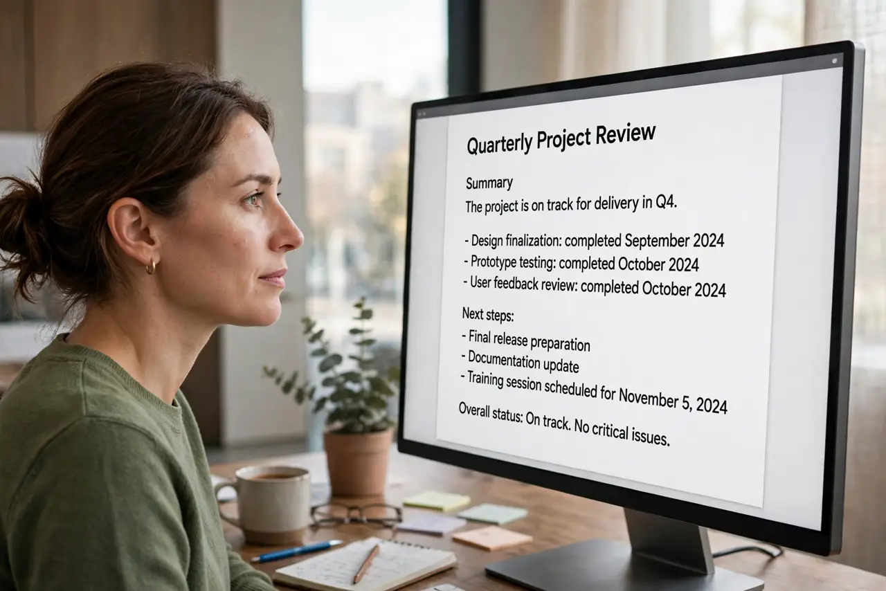 a calm adult at a desk beside a real monitor, a side view showing the person's eyes level with the top of the screen, the screen showing a normal document with fully legible text