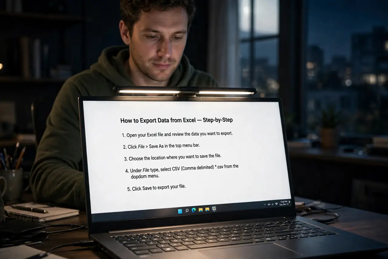 a person working at a real desk at night with a slim light bar on top of the monitor illuminating the keyboard, the screen showing a document with legible te...