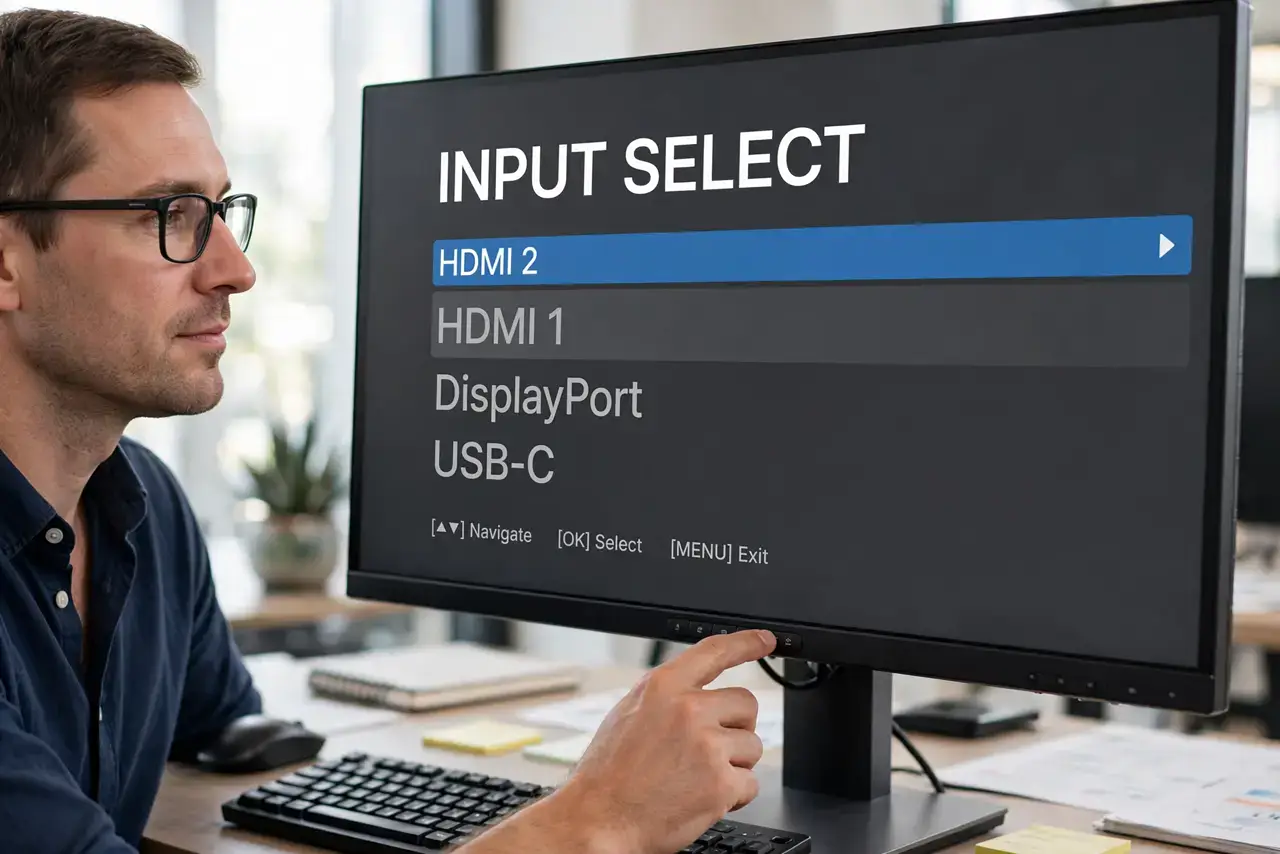 Step 1 in action for 'No Cable Connected' but It's Plugged In: Select the input manually.