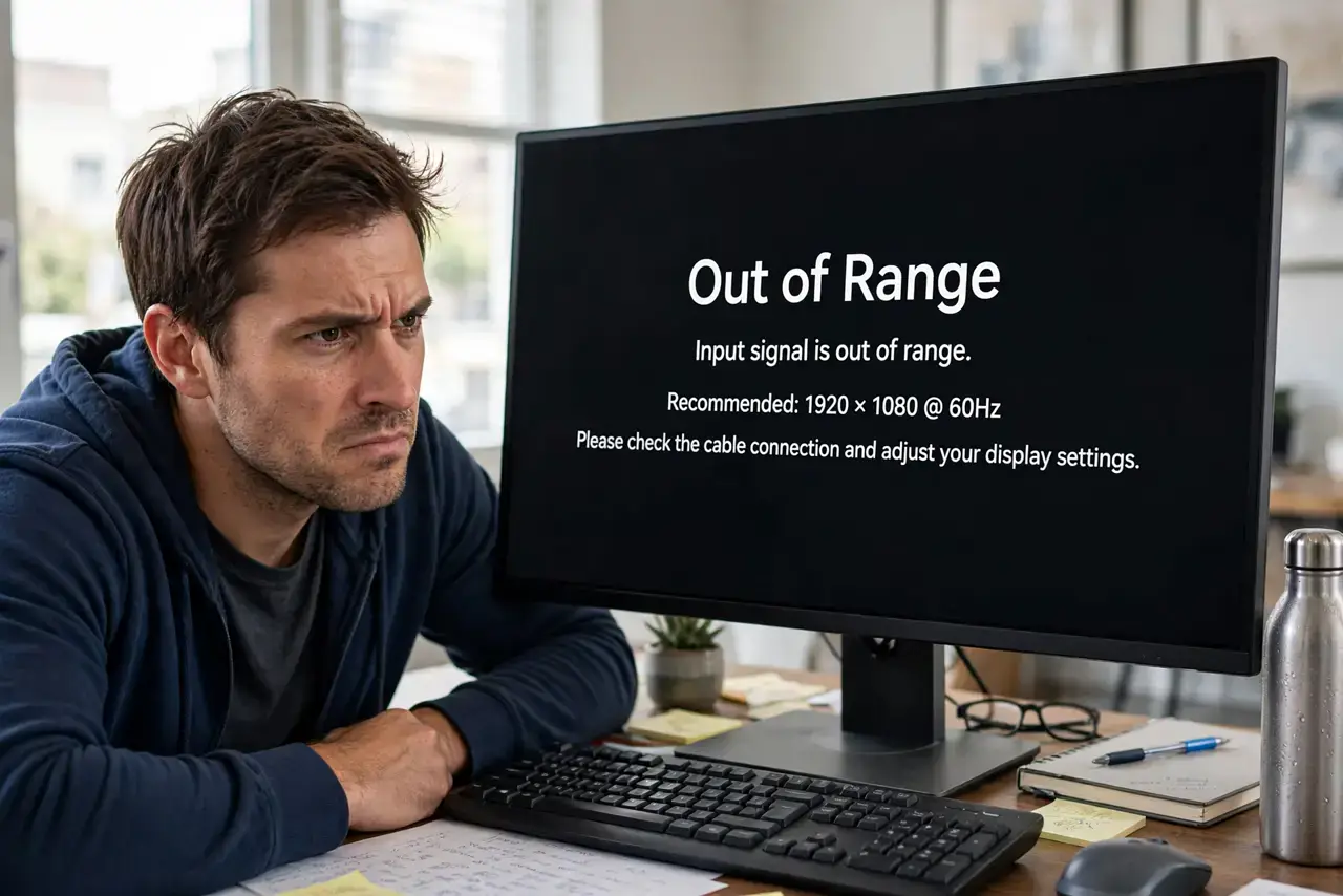 Monitor Says 'Out of Range' — a frustrated adult at a desk facing a real monitor displaying an 'Out of Range' message with fully legible tex