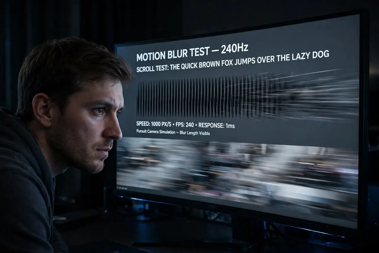 A person looking closely at a real gaming monitor showing a fast-moving test image with slight motion blur visible and