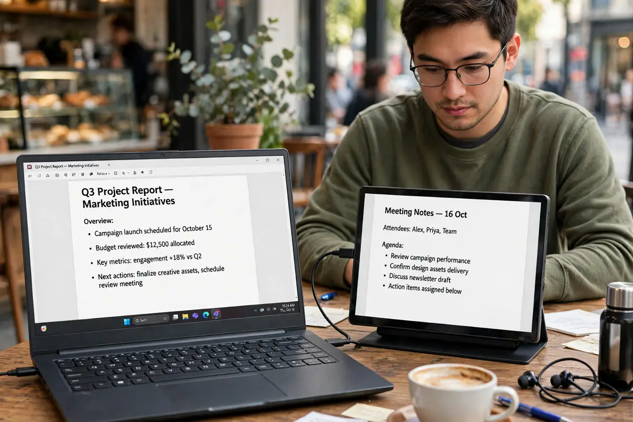 a person working at a cafe table with a real laptop and a real slim portable monitor beside it, both screens showing legible documents, a USB-C cable connecting them, the person's face focused.