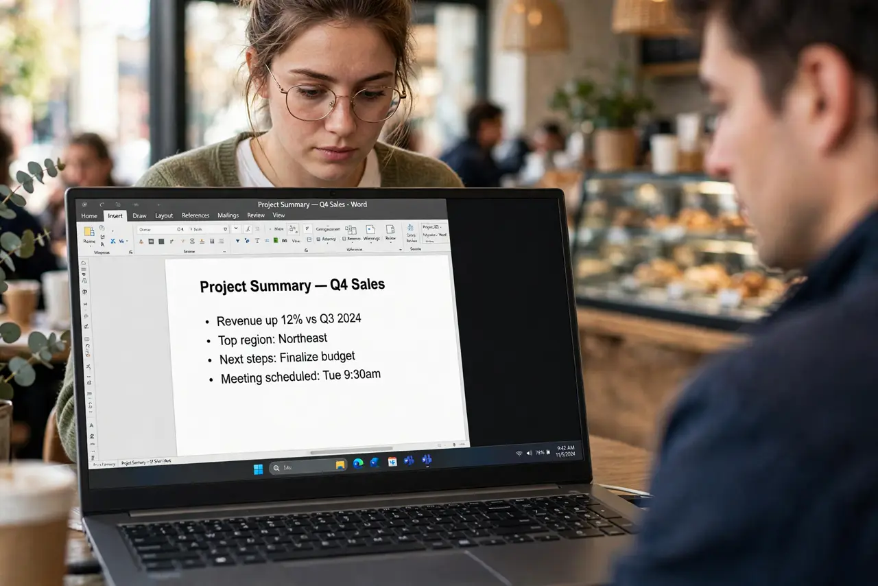 a person working on a real laptop in a busy cafe, a privacy screen filter on the display, the screen legible from the front but dark from a side angle where another person sits, the person's face focused.