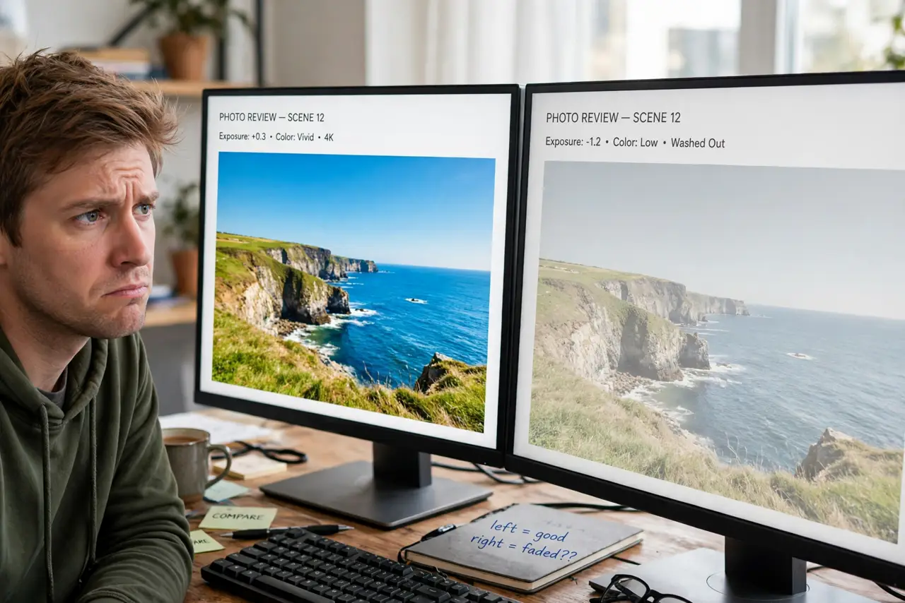 A person comparing two real monitors side by side on a desk, one showing a vivid bright scene and the other a dull