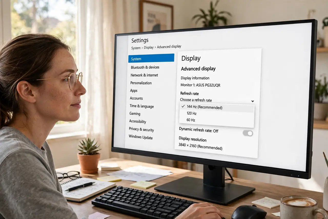A person performing the first step: Open the advanced display settings. Windows: Settings > System > Display > Advanced.