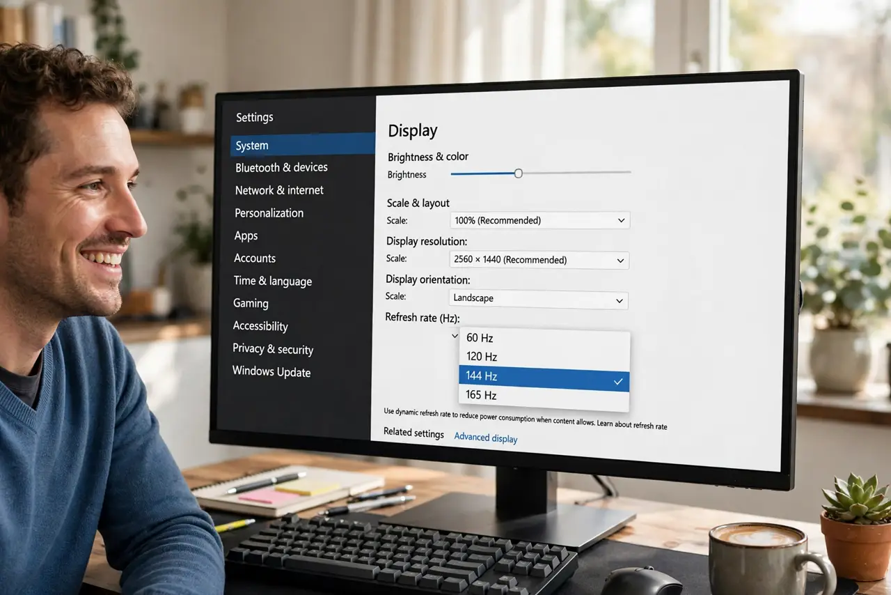A person looking at a real Windows PC monitor showing display settings with a refresh rate dropdown legible on screen,